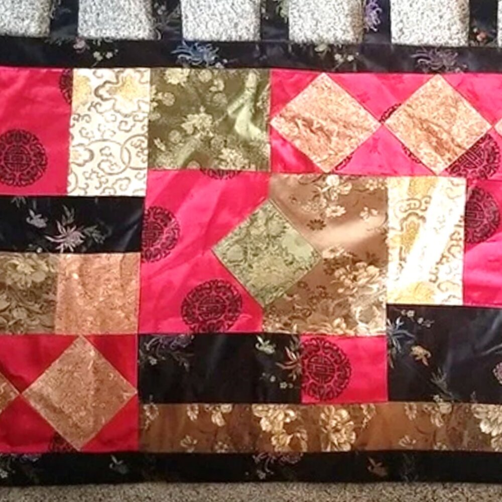 Large Asian Satin Tapestry Wall Hanging Curtain Tassel Patchwork Decor C…